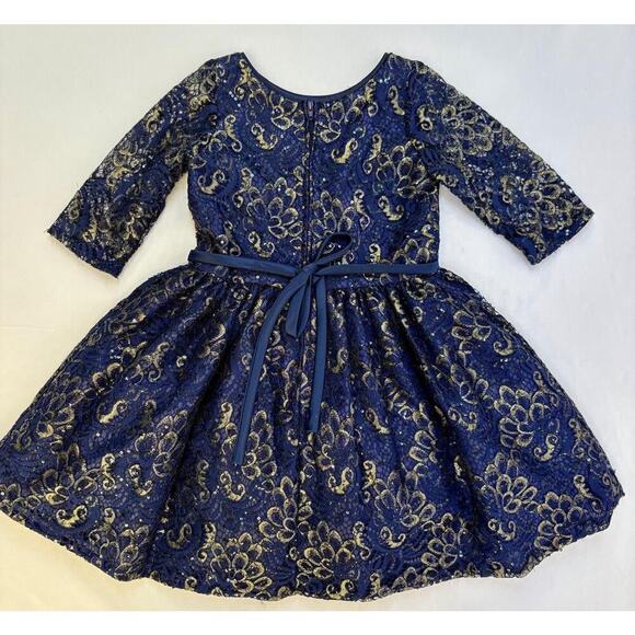 Sweet Kids Girls Blue Gold Lace Long Sleeve Midi Dress Sz 6 USA Formal Holidays - Picture 5 of 11